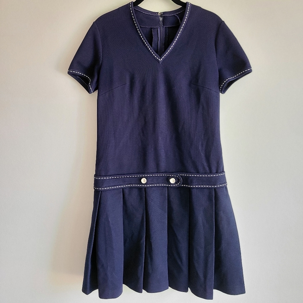 Vintage 1970s drop waist navy blue sailor dress